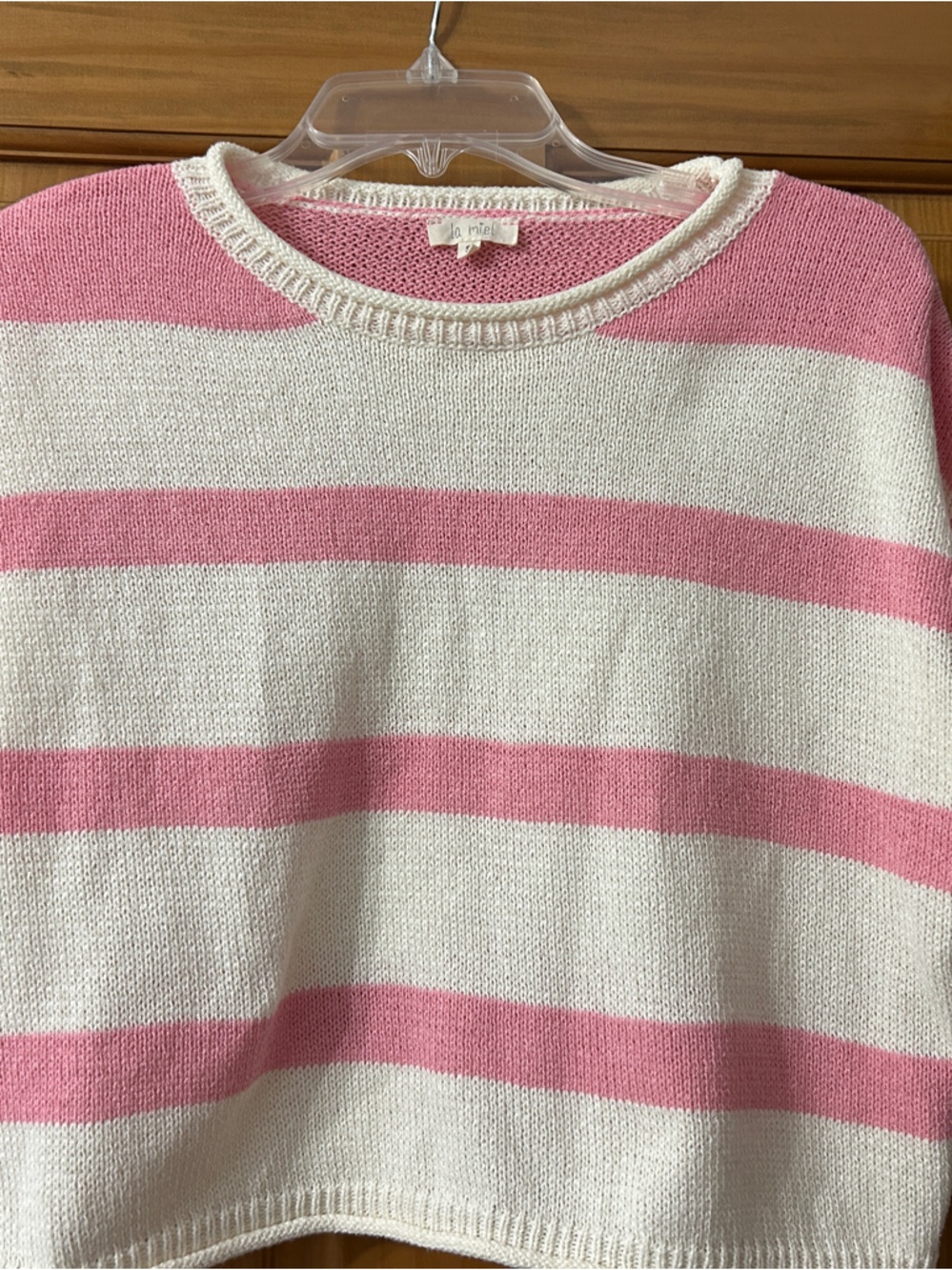 LA MIEL Pink and White Striped Short Sleeve Sweater
